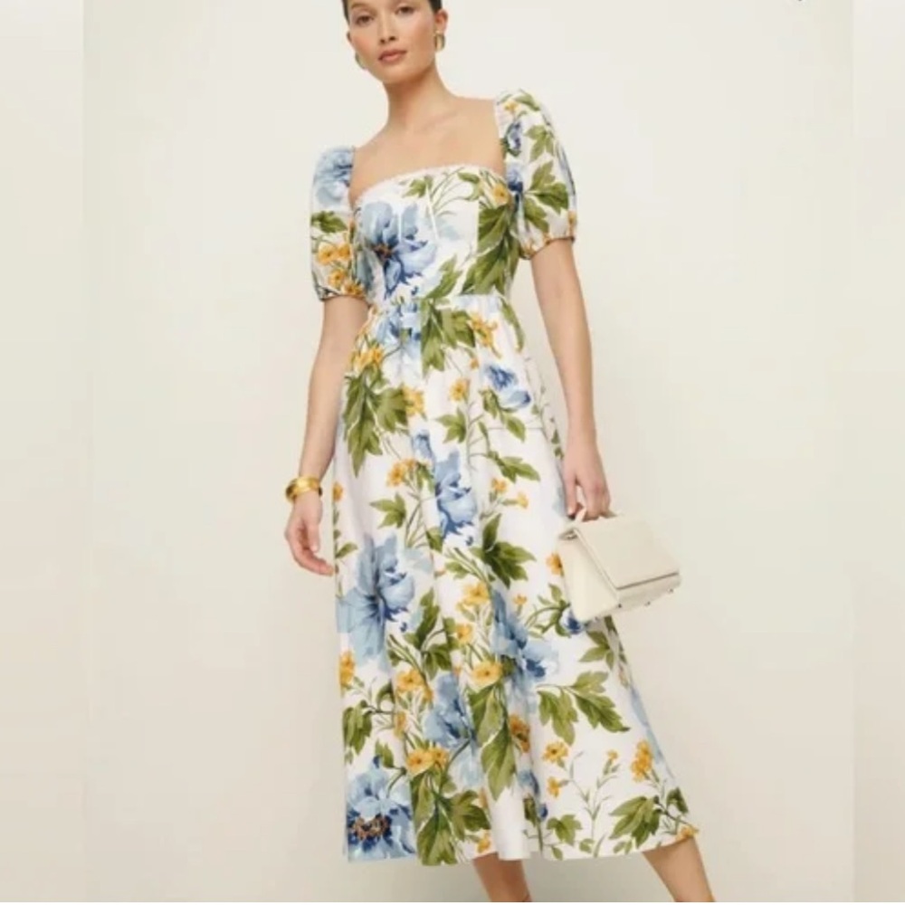Reformation Marbella Floral Midi Linen A-Line Dress Botanist‎ Puff Sleeve Size 8 - Picture 2 of 15